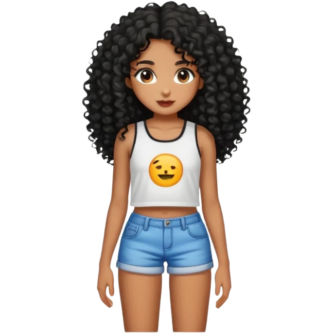 Garota emoji morena, cabelos longos cacheados pretos, short curto e top emoji