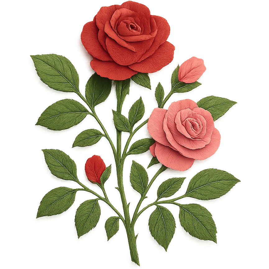 very detailed rose bush, intricate cut paper textures, lush green leaves, multiple blooming roses in red and pink emoji