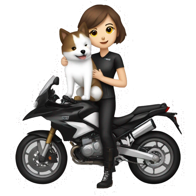 Girl biker white skin and brown short hair with a agv black helmet hugging a white Samoyed emoji