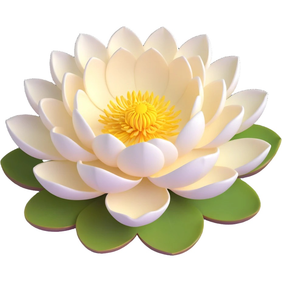 Realistic white lotus flower with detailed layered cream-white petals and bright yellow stamens, floating on accurate lotus pad with characteristic notch and bowl shape emoji