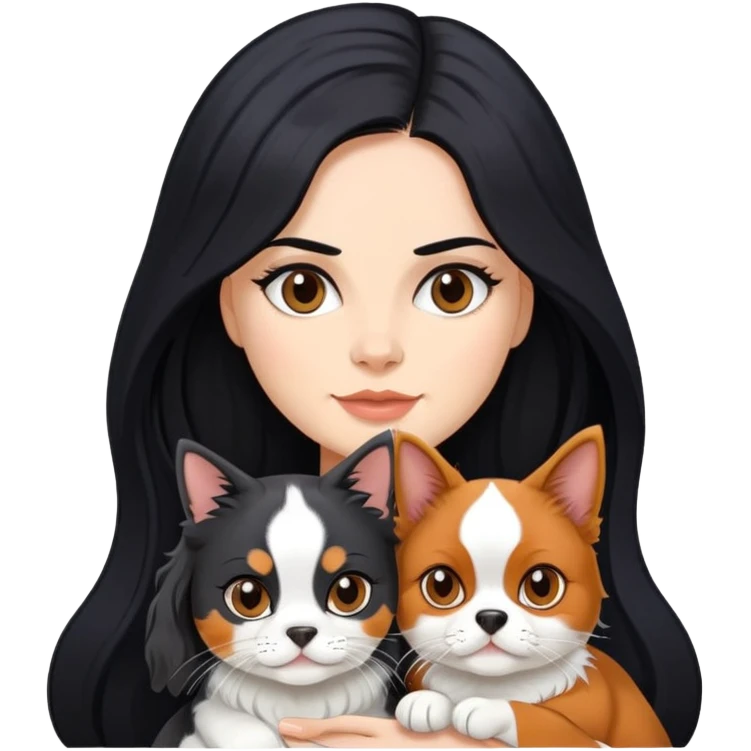 woman with long black hair holding an American Shorthair cat and a Cavalier King Charles Spaniel dog emoji