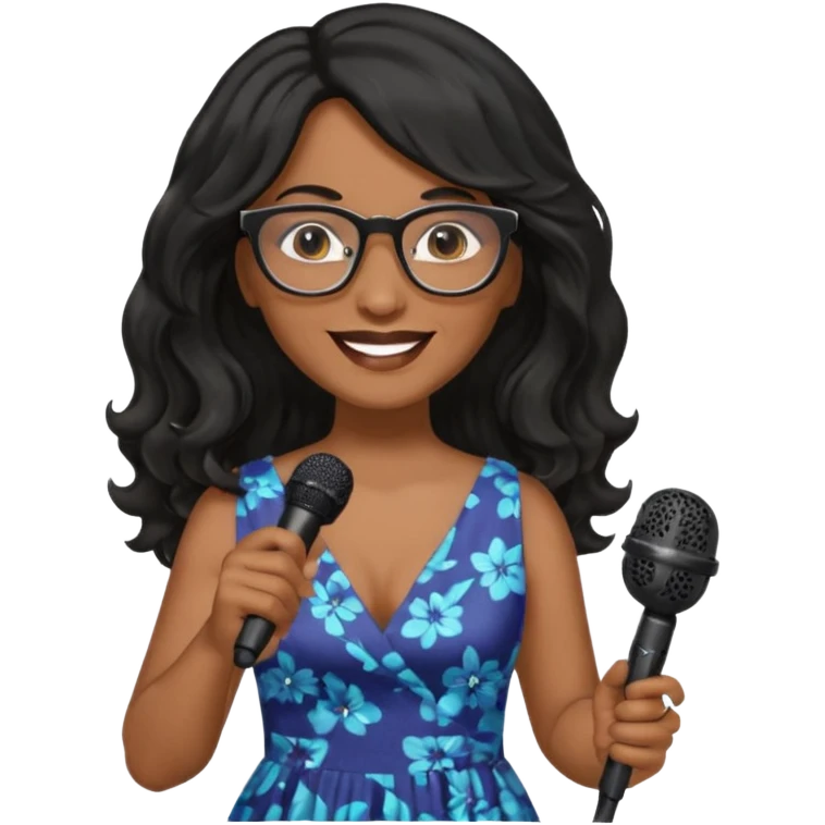 singer, Middle age, long wavy black hair, brown skin, wearing dress, holding mic, glasses emoji