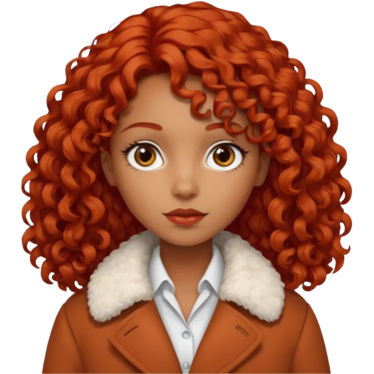 
Dark tanned girl with medium-length, curly, tomato-red hair, dark eyes, wearing a coat with a white collar. emoji