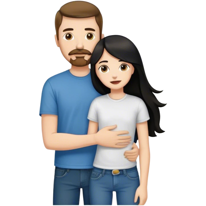 tall white guy with brown hair goatee mustache wearing t-shirt and jeans hugging a shorter white girl with long black hair emoji