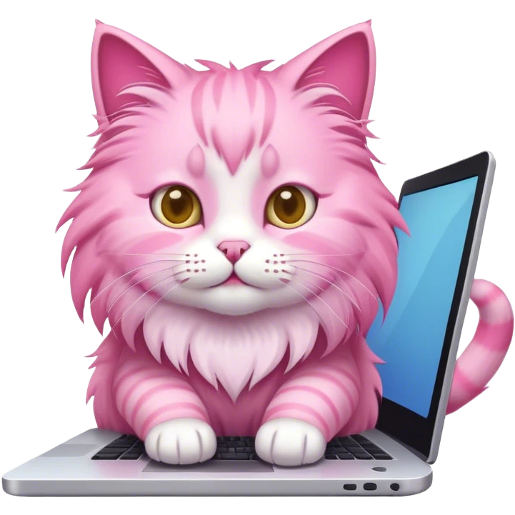 The pink cat is playing on the computer. emoji