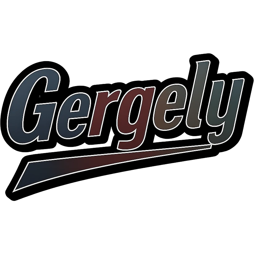 Gergely name in masculine, modern gradient font with dark contour, prominent and clearly visible white border like the sample image, dynamic slanted underline, masculine color shades including blue, gray, burgundy, green, brown, 1000x1000 px, PNG, transparent background, in the style of the uploaded sample. emoji