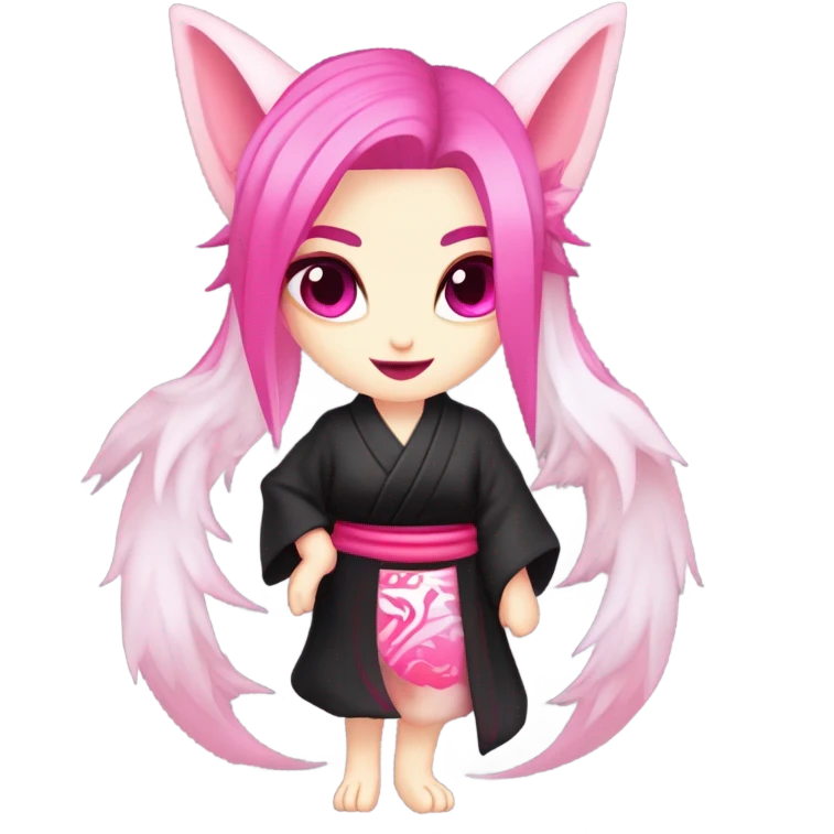 Full body female, succubus kitsune, neon pink eyes, vibrant pink hair, alabaster skin, fluffy black tails, pink tail tips, spiked choker, unique heritage, seductive charm, rebellious spirit, traditional kimonos, spiked anklets, and Barefoot 
 emoji