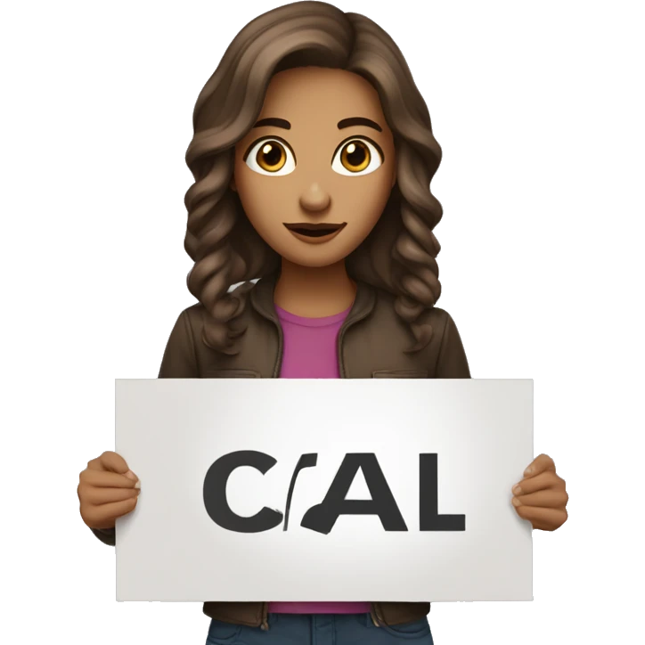 Girl tan brown hair and brown eyes holding sign saying can’t call emoji