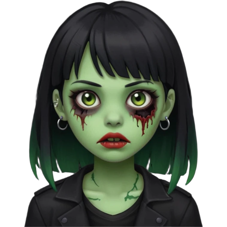 garota zumbi(cor de pele verde), com cabelos pretos e franja, roupa preta e com piercing na boca  emoji