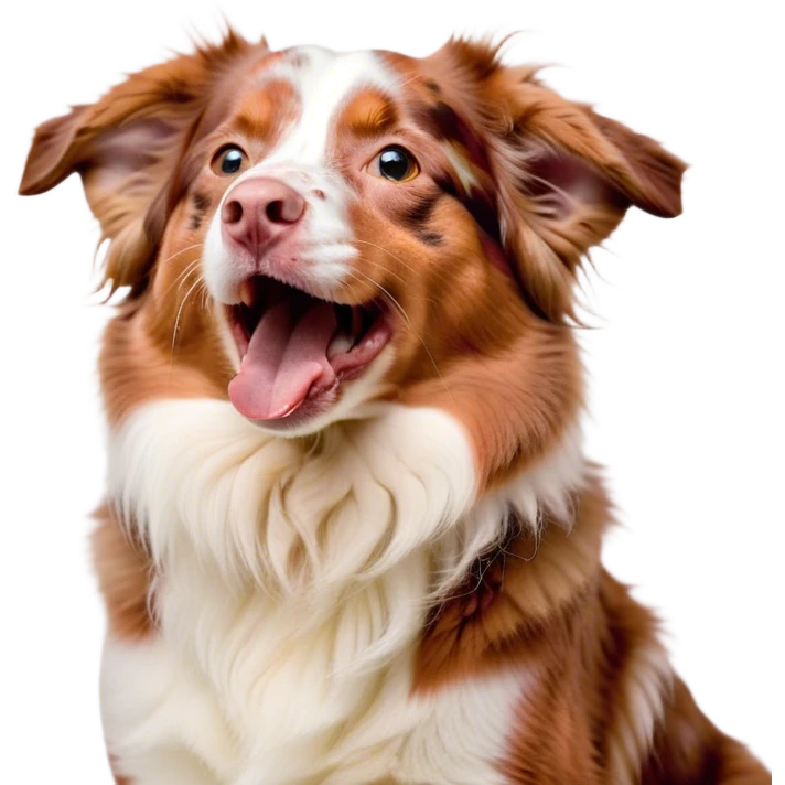 Cinematic Cute Yawning Red Merle Australian Shepherd Portrait Emoji, Head tilted slightly with a dramatic, wide-open yawn, soft red merle fur with subtle white accents, floppy ears slightly drooping, round amber eyes barely open in drowsy contentment, Simplified yet irresistibly adorable features, highly detailed, glowing with a soft, cozy glow, high shine, relaxed yet expressive, stylized with a touch of whimsy, bright and endearing, soft glowing outline, capturing the essence of a sleepy yet affectionate pup, so drowsy it feels like it could stretch right out of the screen and curl up for a nap! emoji