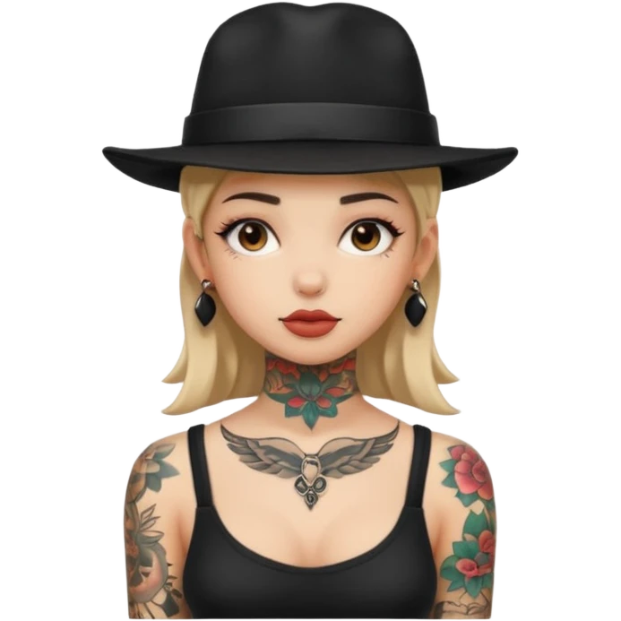 girl have tattoo on her full neck and full body with black hat emoji