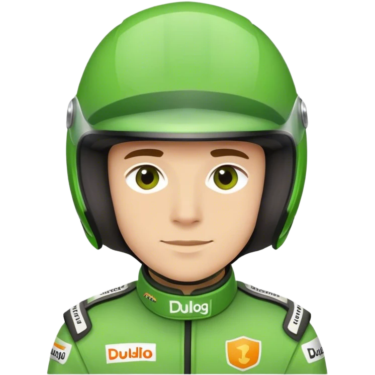 Race car driver full helmet in style of Duolingo avatar emoji