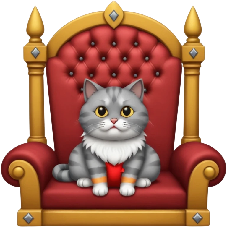 A gray cat with a black nose sitting on a throne looking at the world with disgust emoji