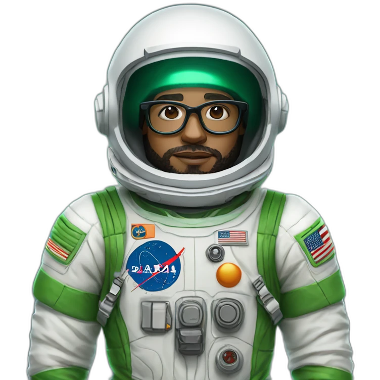 Light skin Man with black short curly hear and beard and black glasses wearing a green and white astronaut suit and helmet emoji