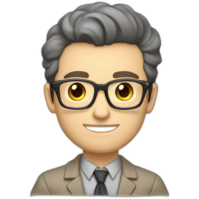 Pale skinned Fit Man With dark brown hair in gray jacket, beige office shirt, Brown pants and vintage glasses sitting In a soft chair with a notebook with emblem Ψ and a pen in his hands emoji