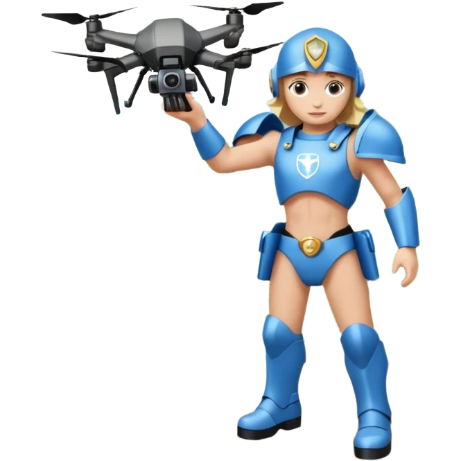 Un photographe high tech, une armure de terrain à la super héro. Il a des appareils photos, des caméras embarquées et un drone  emoji