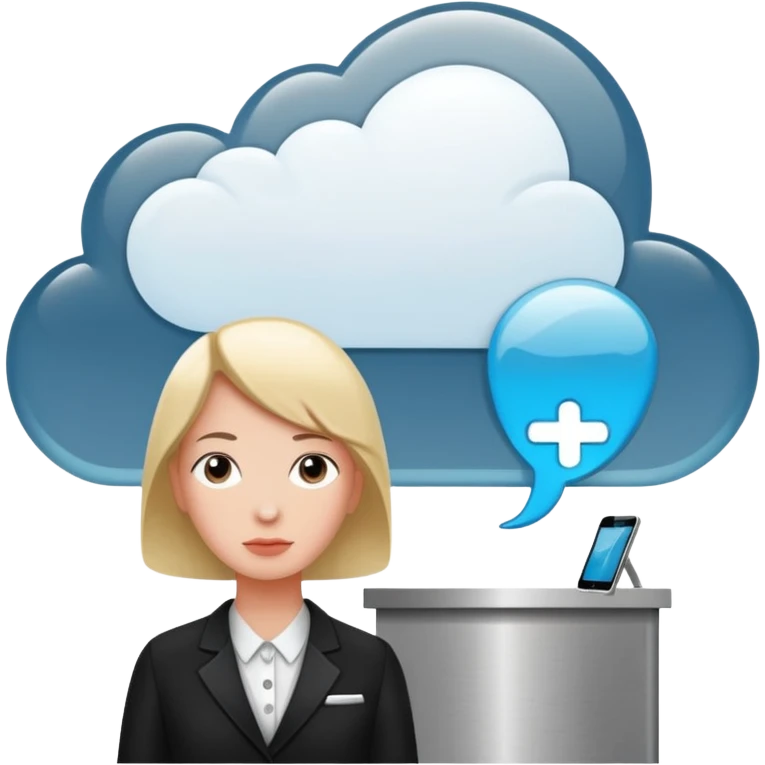 A thinking person with a thought cloud showing a modern hotel reception emoji