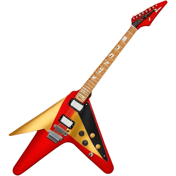 Create a bold and dynamic emoji representing the Epiphone Dave Mustaine Flying V Custom electric guitar. The design should feature the sharp, iconic V-shaped body of the guitar, with a custom finish reflecting Dave Mustaine’s signature style. Add intricate details like gold or chrome tuning pegs and pickups, with subtle graphics or patterns that reflect the aggressive, heavy metal aesthetic. Use a color palette of black, gold, and red, with a touch of metallic sheen for the high-end finish. The background should be transparent to emphasize the guitar's iconic shape emoji