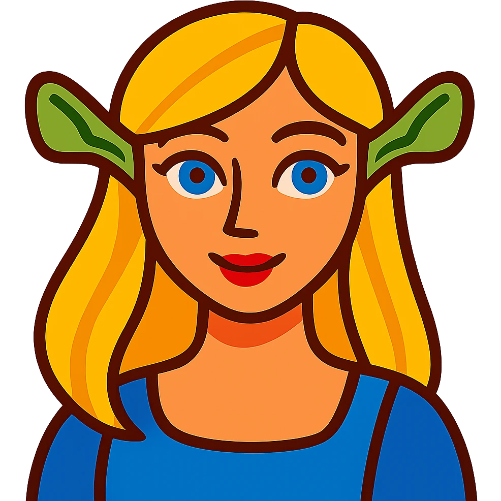 pretty girl with blonde hair, blue eyes, green ogre ears in vibrant toon style emoji