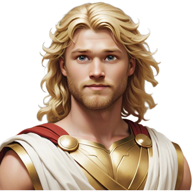 Cinematic Realistic Thor Portrait, head tilted playfully and inquisitively, showcasing his classical Greek god allure with a relaxed, yet commanding presence. His fair, radiant skin and flowing, wavy golden hair are highlighted by a gentle smile and twinkling, approachable eyes. Clad in a gracefully draped white toga with subtle golden embellishments, he exudes a lighthearted yet powerful charm under soft, natural lighting. emoji