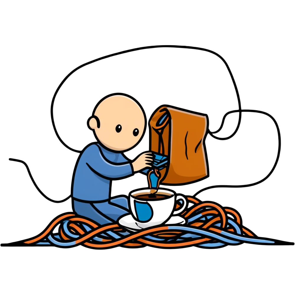 crazy coder with coffee spills and tangled wires emoji