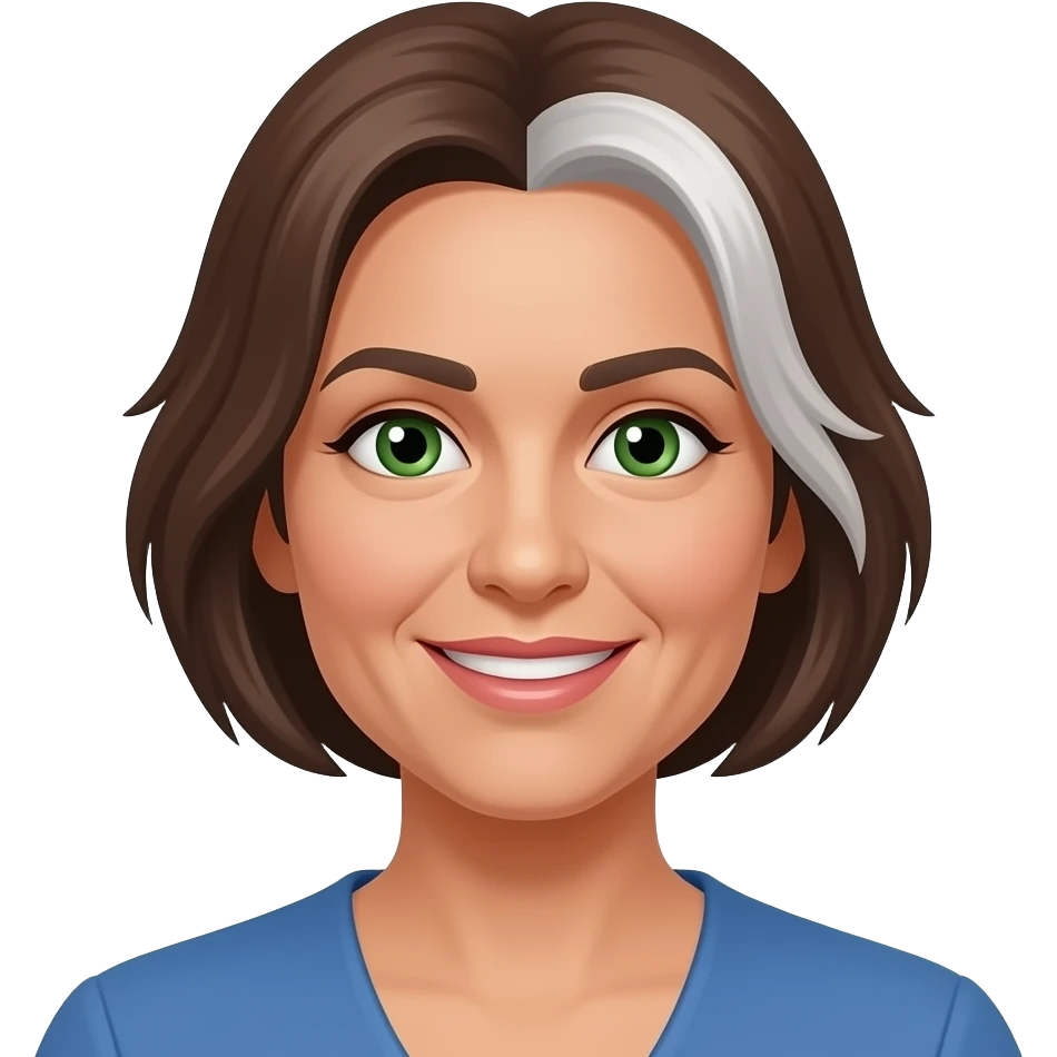 hispanic, female, green eyes, short brown hair one side shorter shavedwith some white, always smiling, kind, around 45yr of age loves, blue, thin ayebrows, lips not full but not thin emoji