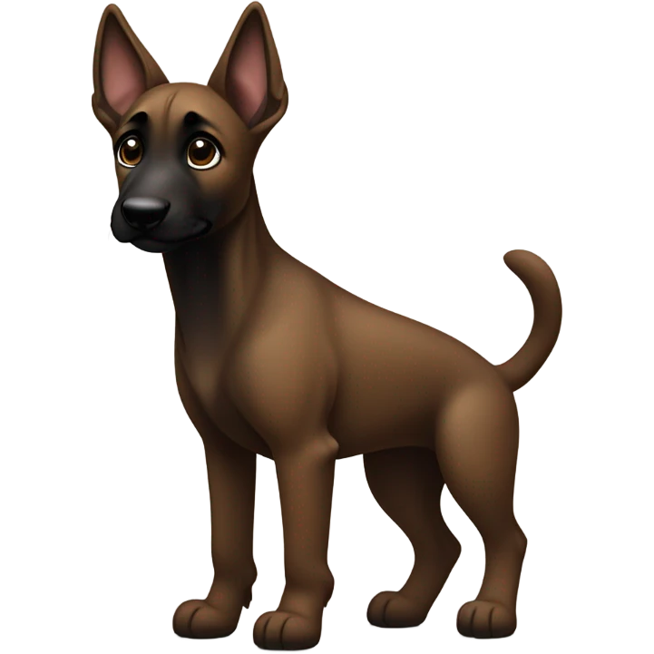 Dark brown malinois puppy with one ear up and one down emoji
