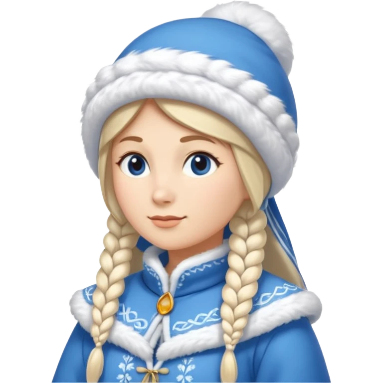 A cute Snow Maiden (Snegurochka) emoji, full body, standing in side view, wearing a traditional blue winter coat with white fur trim, long braid, and a kokoshnik-style winter hat. emoji