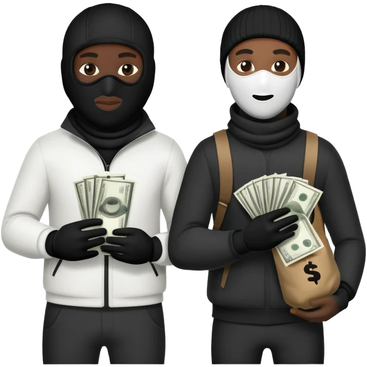 Two men one white and the other black one Ski mask holding money bag with black skin color black and white money bag emoji