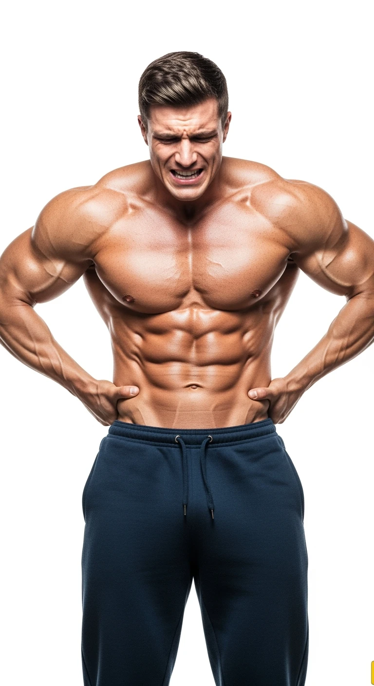 BODYBUILDER CHE SI INDICA I FIANCHI CON ESPRESSIONE AFFLITTA, ISOLATO SU SFONDO BIANCO, IPERREALISTICI 4K emoji