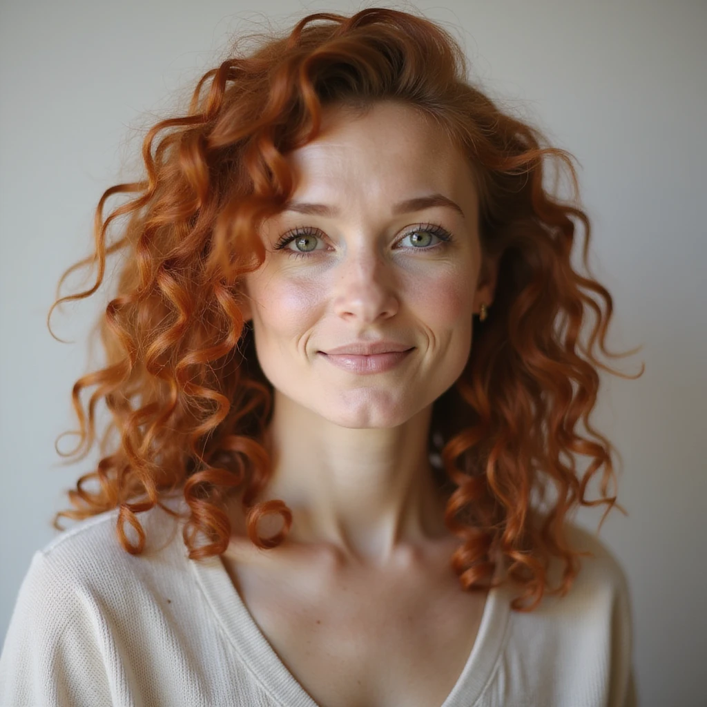 curly red-haired woman, simple realistic style, natural and clear emoji