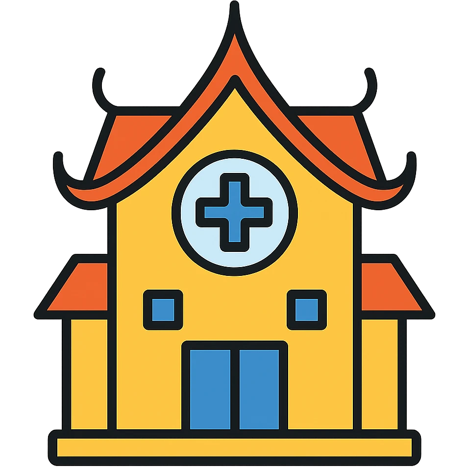 Hospital in Thailand with traditional Thai architectural elements and medical cross emoji