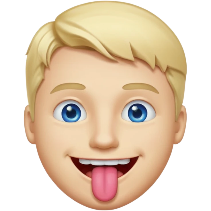 a smiley face of a man with tongue out just a little bit, blue eyes and blonde hair emoji