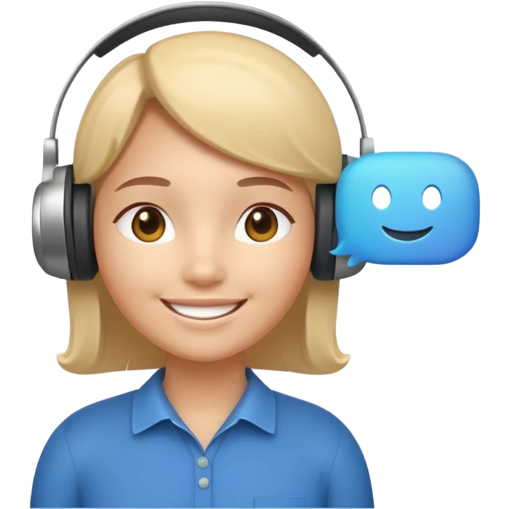 smiling face wearing a headset (support agent) with a floating chat bubble, subtle 3D look, soft shadows, rounded and glossy features, helpful and friendly expression, Apple-style lighting and gradients emoji