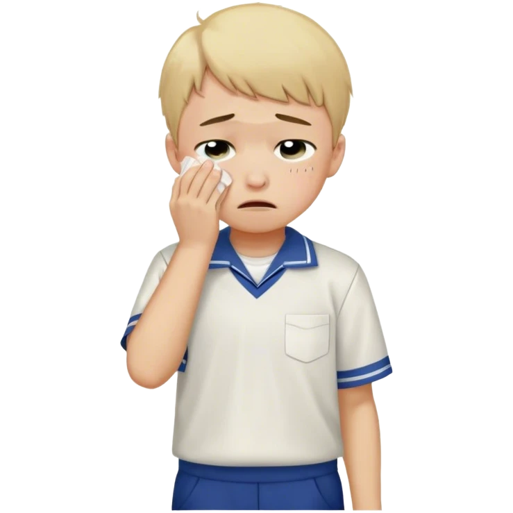 Create an emoji of a young boy student crying. He is wearing a school uniform, including a shirt and pants, and has short hair. The boy is visibly upset, with tears streaming down his face, and he is wiping his eyes with his hand. The background should be simple to emphasize his emotional state, conveying the feeling of being overwhelmed with school stress or personal struggles emoji