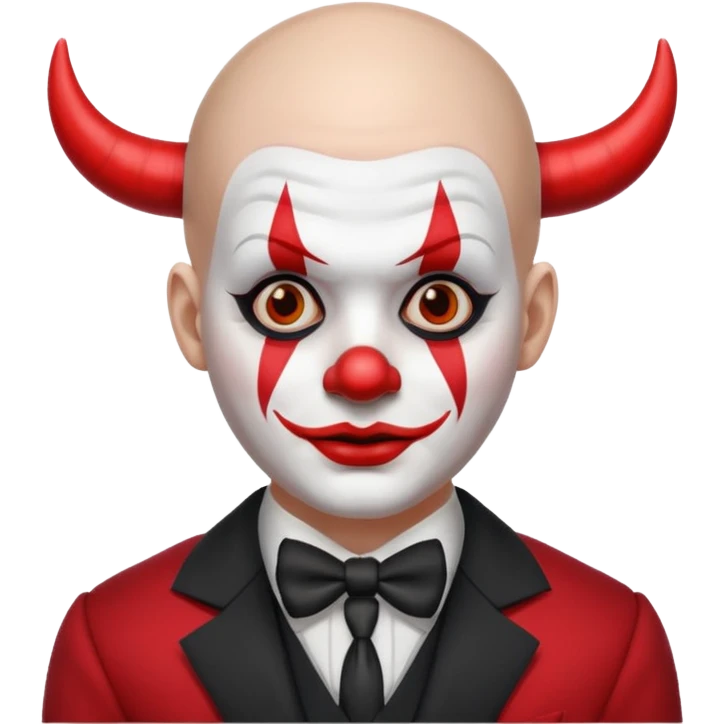 Crea un payaso con cara blanca sin pelo con cuernos negros y un traje rojo con negro emoji