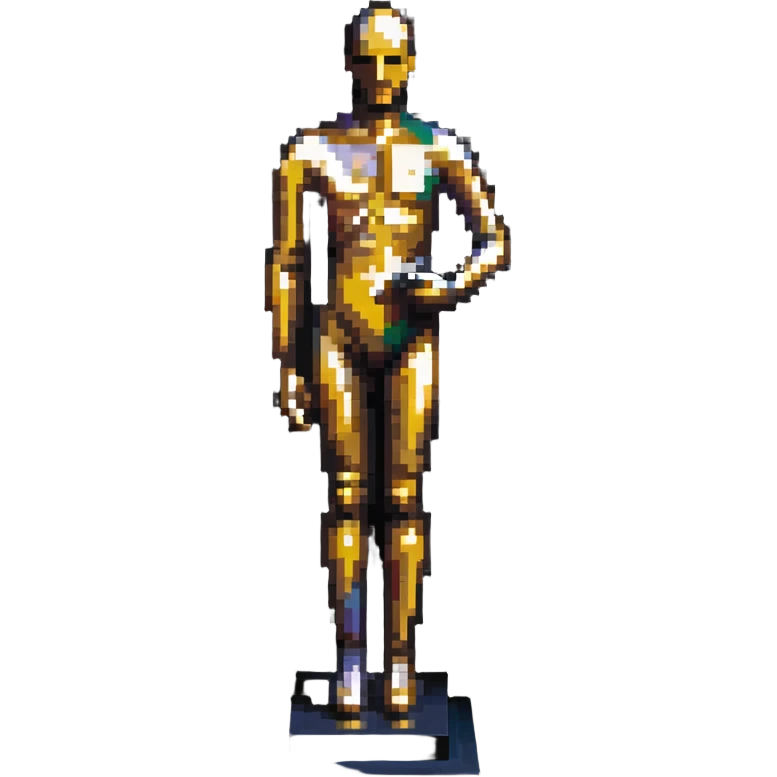 A paintbrush transforming into a metallic human silhouette sculpture, with museum-like display pedestal, symbol of artistic identity emoji