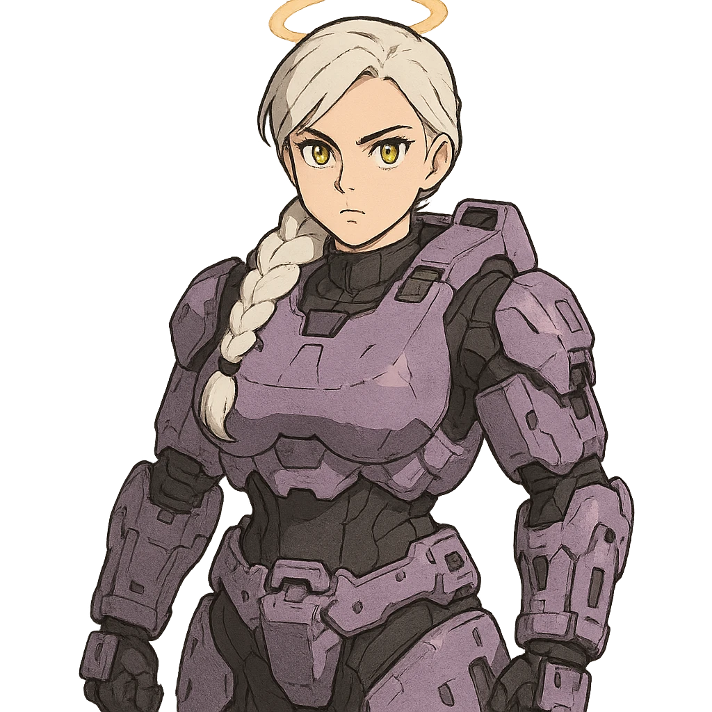 female, wearing reach spartan armor default, long white braid hair, gold yellow eyes, attention pose, halo series, no helmet, the armor is lavender color scheme and has no shoulder pad attachments. DDD bust size fitting. Punk gothic cyberpunk emoji