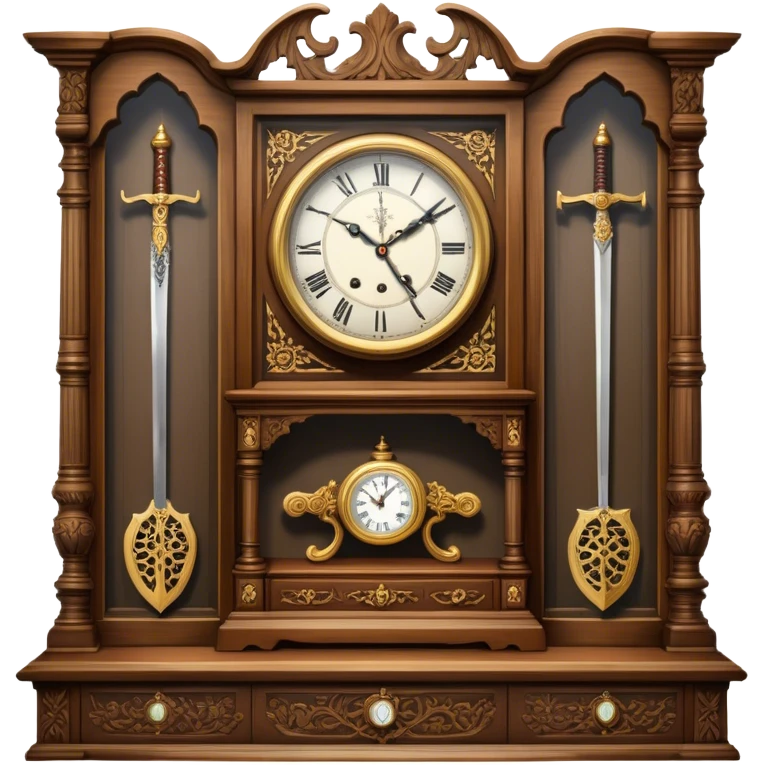 Icon for Antiques Collecting: a vintage clock, intricately carved furniture, famous paintings, antique swords, and rifles. The items are displayed on a wooden table or shelf. The icon should evoke the rich history and craftsmanship of antique collecting. Transparent background. emoji