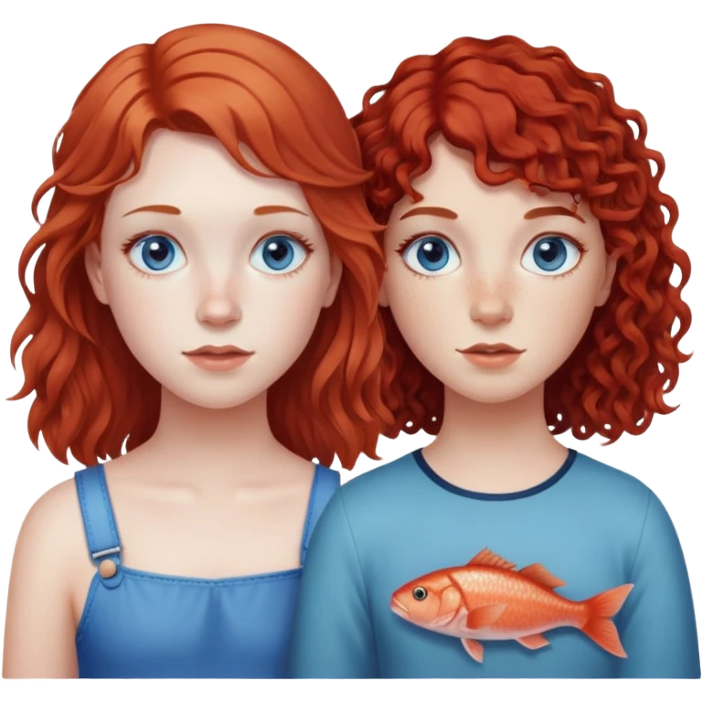 Two girls, one with a dark red mullet with a little fringe, pale skin and freckles. The other girl has brown curly hair with blue eyes and they’re both pale emoji