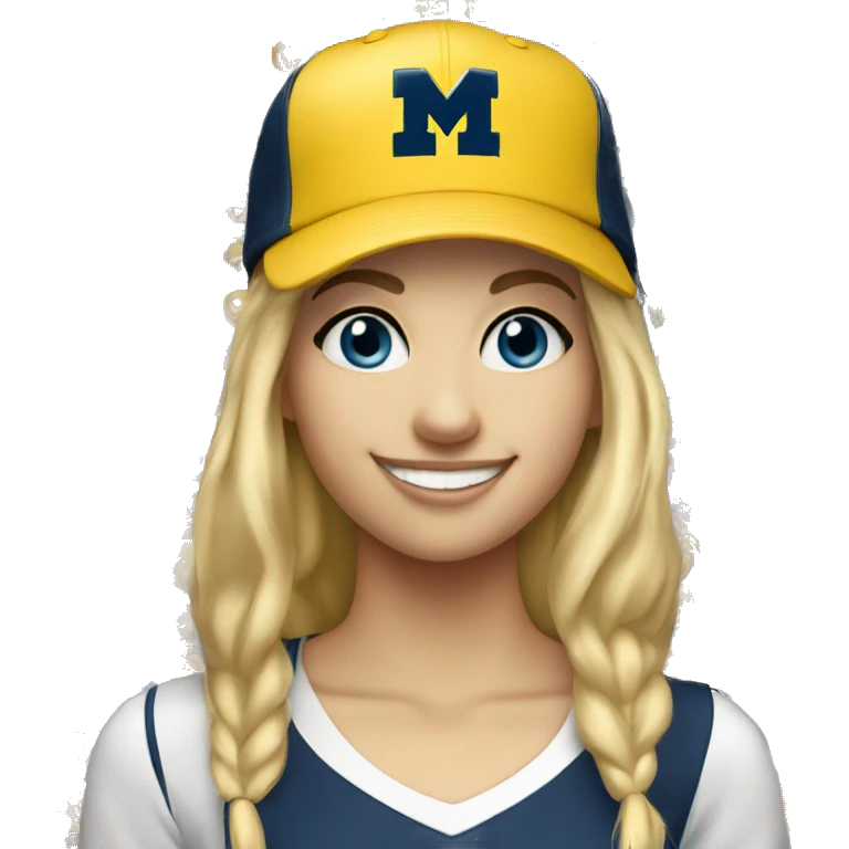Blonde girl with blue eyes smiling wearing University of Michigan ball cap emoji