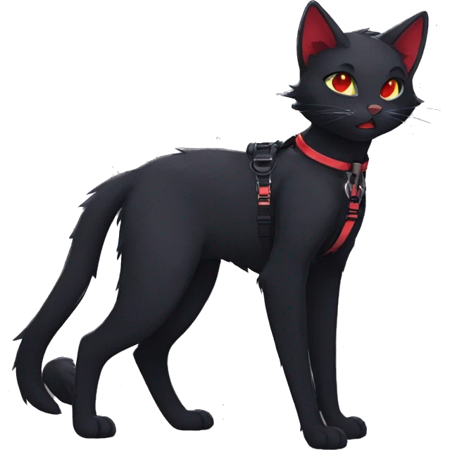 Anthro Edgy Cool Beautiful Black Cat-Fursona-Fakemon with Emo Hair-bangs with Red Streaks Chest Harness emoji