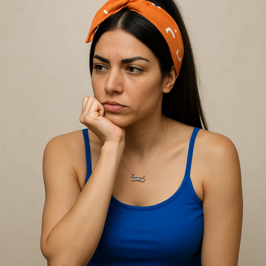 Create a hyperrealistic 4K image of a thoughtful woman, almost full figure, with her hand under her chin, inspired by the reference image. She has a reflective expression and a neutral background. This is variant 6 with a changed shoulder posture. emoji