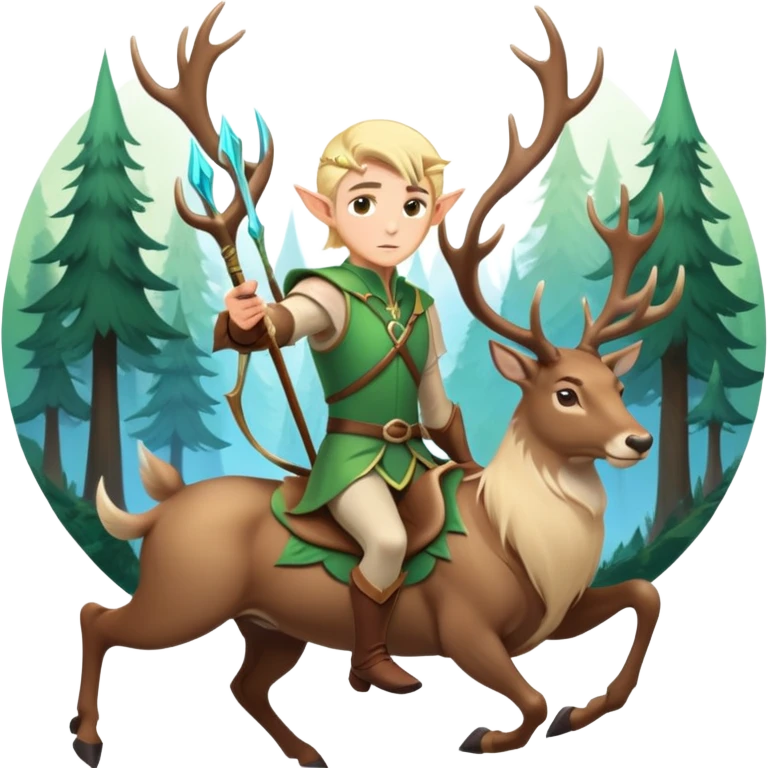 clash-of-clans-aesthetic-blond-male elf-archer-portrait-emoji, rendered in a flat, vector-style with minimal shading and bold, simplified shapes, head tilted slightly forward with a determined, focused expression, riding a majestic stag whose luminous antlers glow with mystical energy, set against an ancient, enchanted forest backdrop. emoji