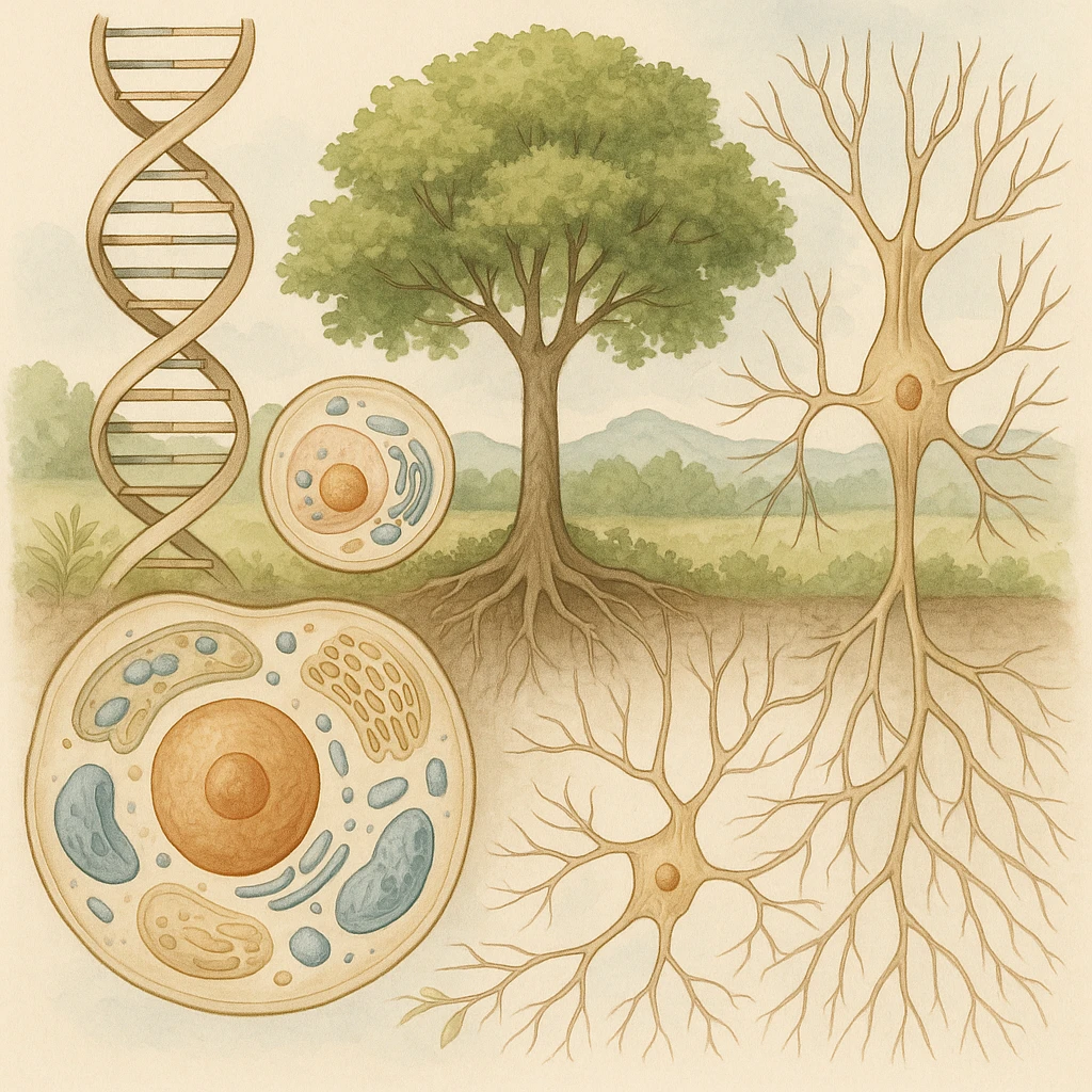 A realistic biological illustration (like in a school book) showing: DNA strands transitioning into a tree, cells with visible organelles, neurons connected to plant roots  and a balanced ecosystem background . Seamless integration, no labels or borders. Scientific color scheme, detailed but minimalist. emoji