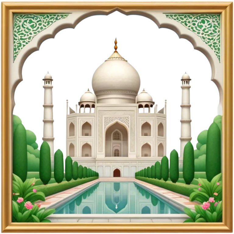 Cinematic Realistic Taj Mahal Landmark Emoji, depicted as the iconic marble mausoleum set amidst lush gardens rendered with intricate detail and ethereal, soft lighting. emoji