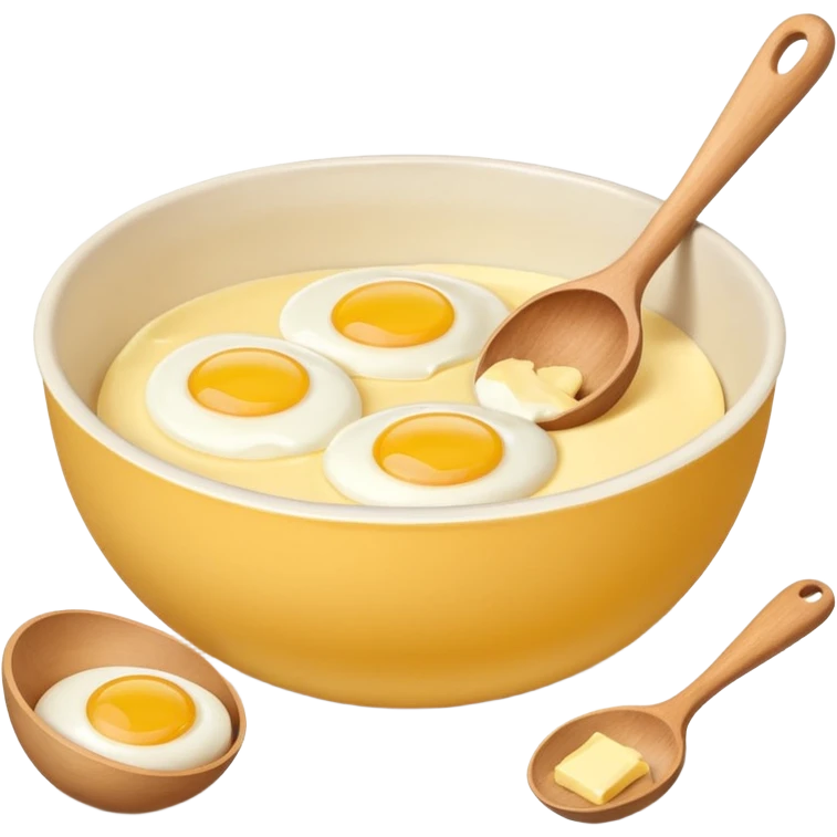 baking preperation with mixing bowl with uncracked eggs and butter emoji