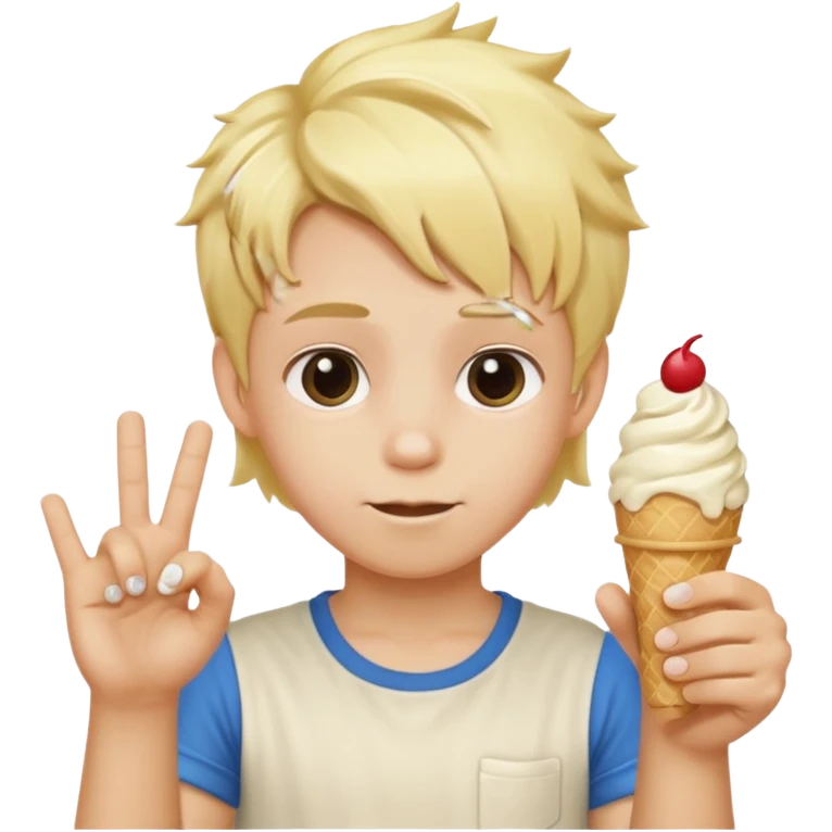 A kid with blonde icecream hair with two hands that has 6 on the left hand and 7 on the right hand emoji