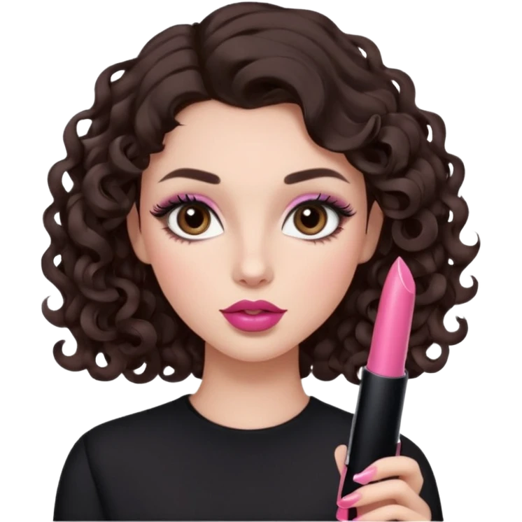 A dark brown hair little curl hair like 6 mm. roll looks so beautiful, she has an round and almond eyes with long and curl eyelashes in Douyin style, one of her hand carrying a lipstick looks similar to Rhode pink lip, her make up is cool tone and neutral style   emoji