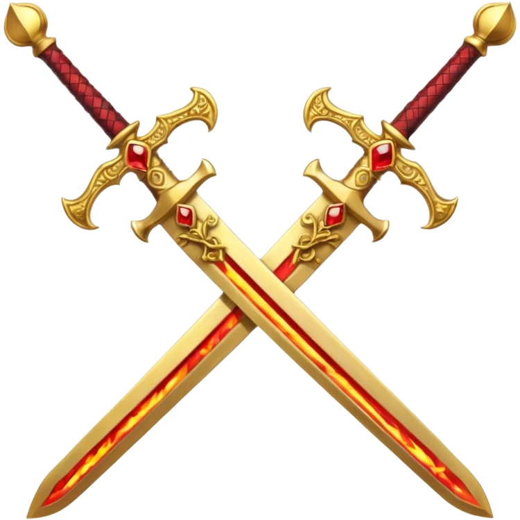 Two crossed swords that are golden in blade and handle and have fiery and royal appearence to them as well as red gem stones yellow in color emoji